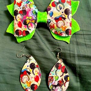 Neon Green Mickey Ears Bow & Matching Earrings
